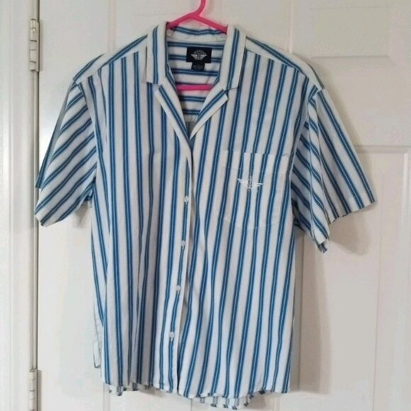 Dockers Women's Short Sleeve White With Blue Stripes Button Up Shirt Size Large - Picture 1 of 6
